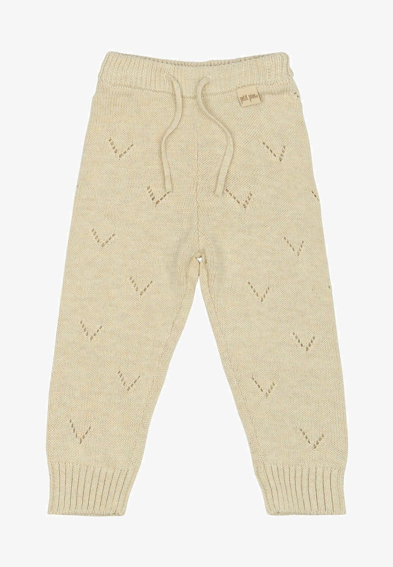 Pleteni hlače za dojenčke v svetlo bež barvi, z rebrastim pasom, šnurovnim tramcem in majhnimi izrezi v obliki V po celotni tkanini.
