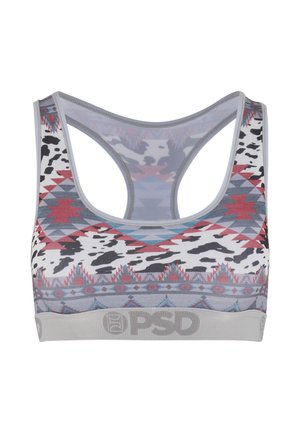 Sportbh met een grijze elastische band, voorzien van een multicolore geometrisch en dierenprintpatroon. De achterkant heeft een racerback-design en een mesh-textuur.