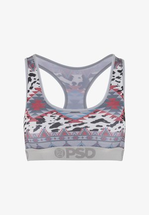 Bramka sportowa z szarym elastycznym paskiem, z wielokolorowym geometrycznym wzorem i motywem zwierzęcym. Tył ma design typu racer i siateczkową teksturę.