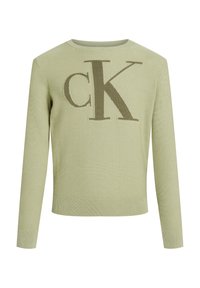 Maglione a maniche lunghe di colore verde chiaro in maglia, con grande logo ricamato "cK" sulla parte anteriore e polsini e orlo a costine.