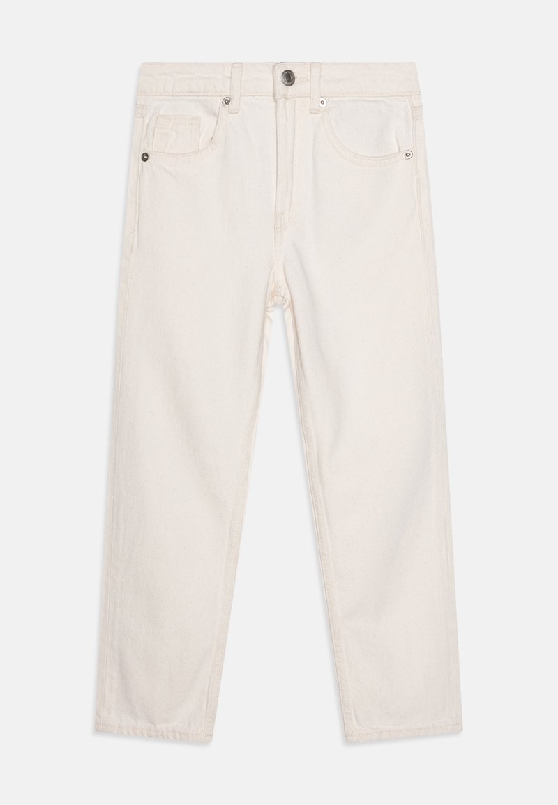 Jean en denim beige clair avec un design à jambe droite, cinq poches et une fermeture à bouton-pression. Présente des coutures minimales et une texture subtile.