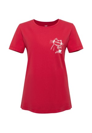 Rotes Baumwoll-T-Shirt mit kurzen Ärmeln. Zeigt eine weiße Grafik einer Katze, die ein Getränk hält, und den Text „chill your vibes“.