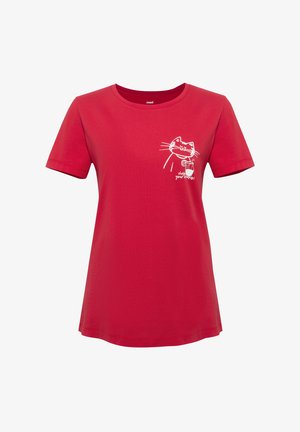 Rotes Baumwoll-T-Shirt mit kurzen Ärmeln. Zeigt eine weiße Grafik einer Katze, die ein Getränk hält, und den Text „chill your vibes“.