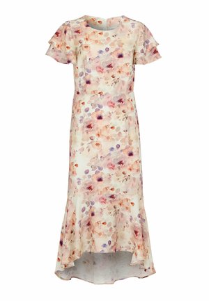 Blomsterprintet midi-kjole med korte flæseærmer, rund halsudskæring, talje med tilpasset pasform og høj-lav kant i bløde pastelfarver i lyserød, lilla og fersken.