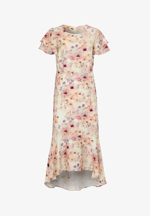 Kwiatowa sukienka midi z krótkimi, falującymi rękawami, okrągłym dekoltem, dopasowaną talią oraz asymetrycznym dołem w delikatnych pastelowych odcieniach różu, fioletu i brzoskwini.