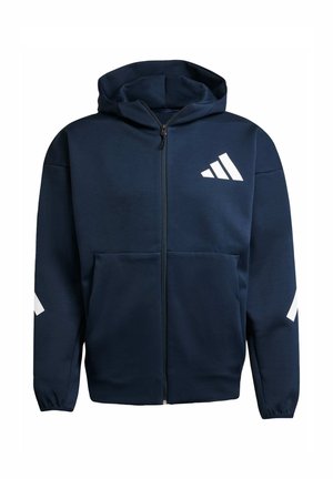 Navy zip-up hoodie made from smooth fabric. Features a drawstring hood, front pockets, and white logo and accents on sleeves.