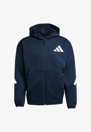 Marineblaue Zip-Up-Hoodie aus glattem Stoff. Verfügt über eine Kapuze mit Kordelzug, frontale Taschen und ein weißes Logo sowie Akzente an den Ärmeln.