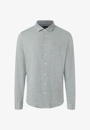 Men’s light gray long-sleeve button-up shirt with collar, seven white buttons, and a rounded hem.