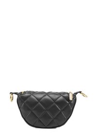 Czarna skórzana torba na ramię w stylu crossbody, z pikowanym wzorem, okrągłym kształtem, złotymi akcentami i zamkiem błyskawicznym. Gładka faktura na całej powierzchni.