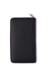 Portafoglio nero texturizzato con chiusura a zip, dotato di una finitura liscia e di un tirante della zip in tono oro. Forma rettangolare, design compatto.