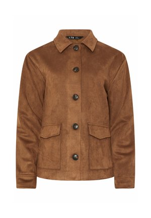 Brun ruskind jakke med knapper foran, krave og to forlommer med klapper, lange ærmer og en lige kant.