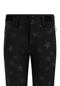 Zwarte broek met een subtiel sterrenpatroon, gemaakt van stof met een gladde textuur. Inclusief twee knopen en een haak-en-lus sluiting bij de taille.
