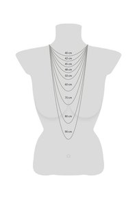 Längdguide för lagerhalsband på en modefigur, med flera kedjelängder från 40 cm till 90 cm, visad i enkel grått med tydliga mått.