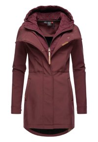 Burgundy long jacket with a quilted hood, zip closure, side pockets, and accent stitching. Made from soft, water-resistant material.