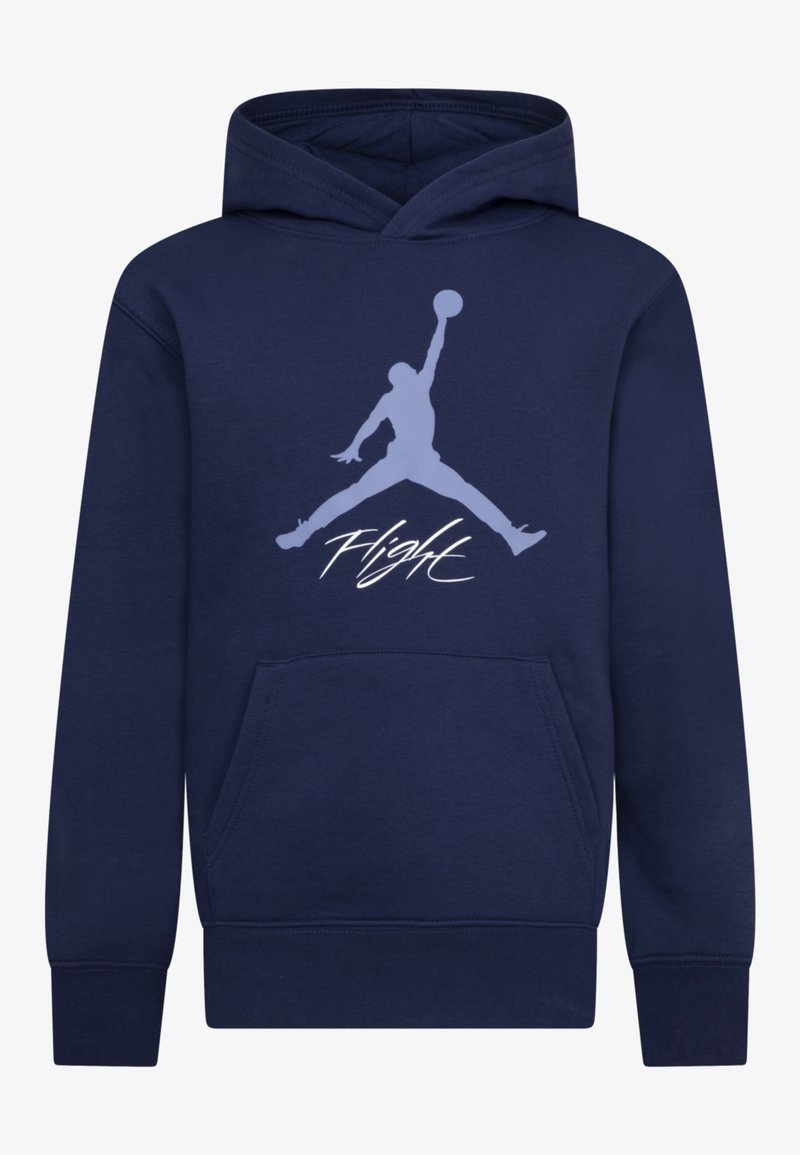 Sweat à capuche bleu marine avec une grande silhouette de joueur de basket bleu clair, un bras levé, et le mot "Flight" en écriture manuscrite sous le graphique.