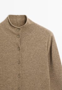 Brown knitted cardigan with a high collar, featuring five buttons down the front and a soft, textured fabric.