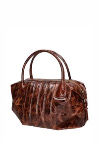 Borsa a mano in pelle marrone con una finitura lucida e testurizzata, dotata di chiusura con zip e due manici arrotondati robusti. Il design plissettato aggiunge dettaglio.