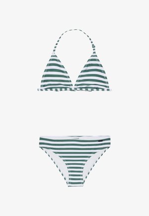 Bikini a rayas verdes y blancas con un top triangular y una parte inferior que presenta un patrón similar; hecho de una tela suave y elástica.