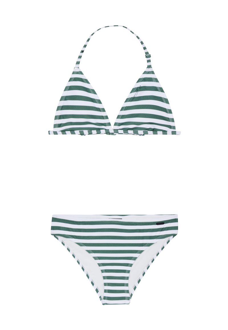 Zeleni i bijeli prugasti bikini s trokutastim gornjim dijelom i donjim dijelom sličnog uzorka; izrađen od glatkog, rastezljivog materijala.