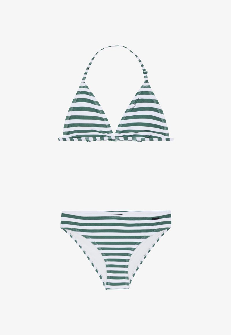 Bikini a righe verdi e bianche con top triangolare e parte inferiore con un motivo simile; realizzato in tessuto liscio ed elasticizzato.
