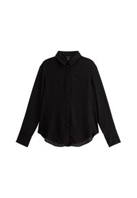 Musta napitettava paita, jossa on levitetty kaulus, pitkät hihat ja pyöristetty helma. Valmistettu sileästä kankaasta, yksinkertaisella, yksivärisellä kuosilla.