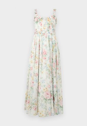 Floral maxi dress with a smocked bodice, frilled shoulder straps, and pastel rose and blue flower patterns on a light background.