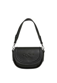Black leather crossbody bag with a curved flap, embossed logo, adjustable strap, and textured surface. Features silver hardware.