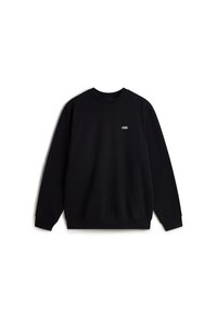 Black sweatshirt made of cotton blend, featuring a crew neck, long sleeves, ribbed cuffs, and a small white Vans logo on the chest.