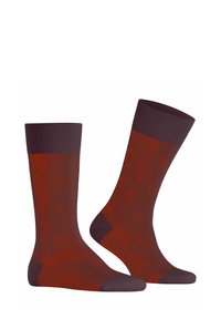 Chaussettes marron avec un revers côtelé foncé, arborant un motif de piments rouges en répétition. Texture lisse et longueur mi-mollet.
