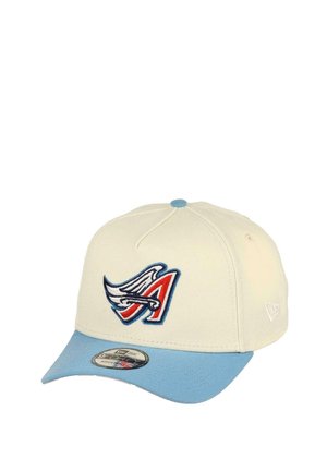 Cream baseball cap with a blue brim and a front embroidered logo featuring a wing and the letter "A" in red and blue accents.