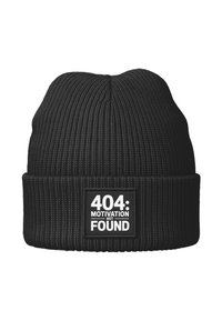 Black knit beanie with vertical ribbing, featuring a rectangular patch that reads "404: MOTIVATION NOT FOUND" in white text.