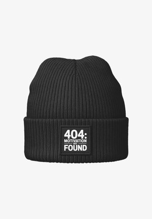Black knit beanie with vertical ribbing, featuring a rectangular patch that reads "404: MOTIVATION NOT FOUND" in white text.