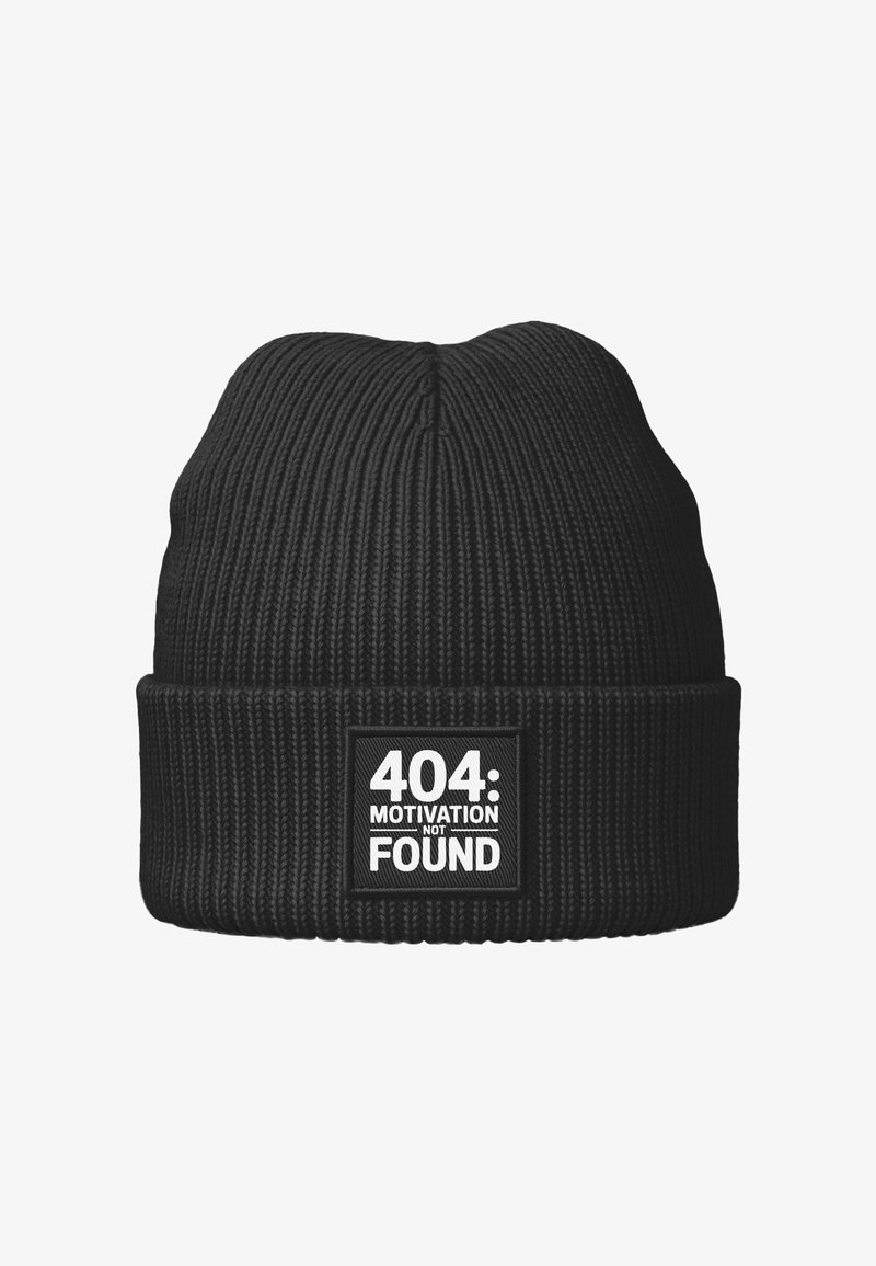 Black knit beanie with vertical ribbing, featuring a rectangular patch that reads "404: MOTIVATION NOT FOUND" in white text.
