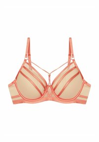 Peach mesh bralette with nude underlay, featuring striped detailing, thin adjustable straps, and a central decorative ring.