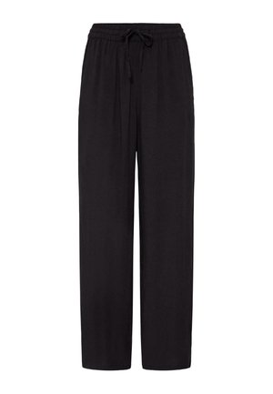 Mustad lahtised püksid elastse vöökohaga ja paelaga, sirged sääred, nähtamatud taskud ega mustrid, lihtne kangas.