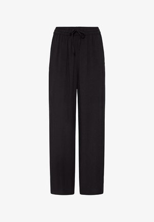 Mustad lahtised püksid elastse vöökohaga ja paelaga, sirged sääred, nähtamatud taskud ega mustrid, lihtne kangas.