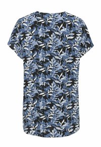 Kortærmet bluse med blå, sort og hvid blomsterprint, med rund halsudskæring og løs pasform.