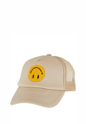 Beige baseballcaps med en forhøjet gul smiley-ansigtspatch foran; meshnakke; buet skygge; syede detaljer fremhæver designet.
