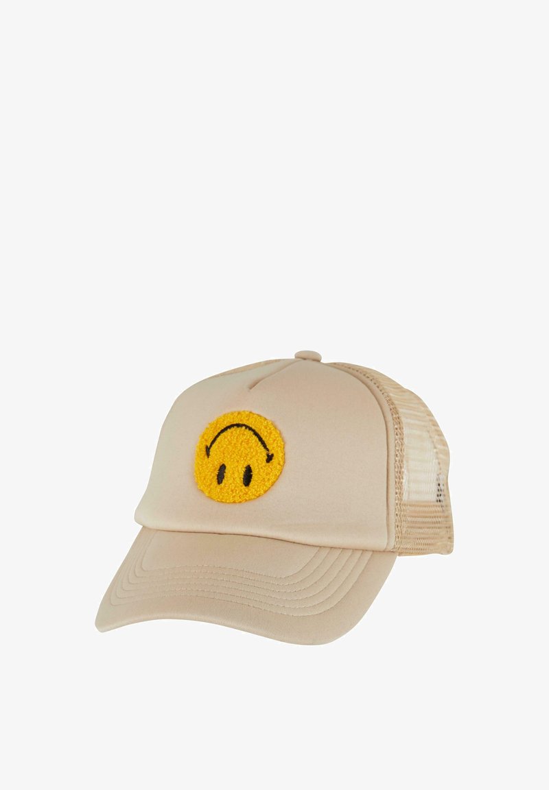 Beige baseball cap featuring a raised yellow smiley face patch on the front; mesh back; curved brim; sewn details accentuate the design.