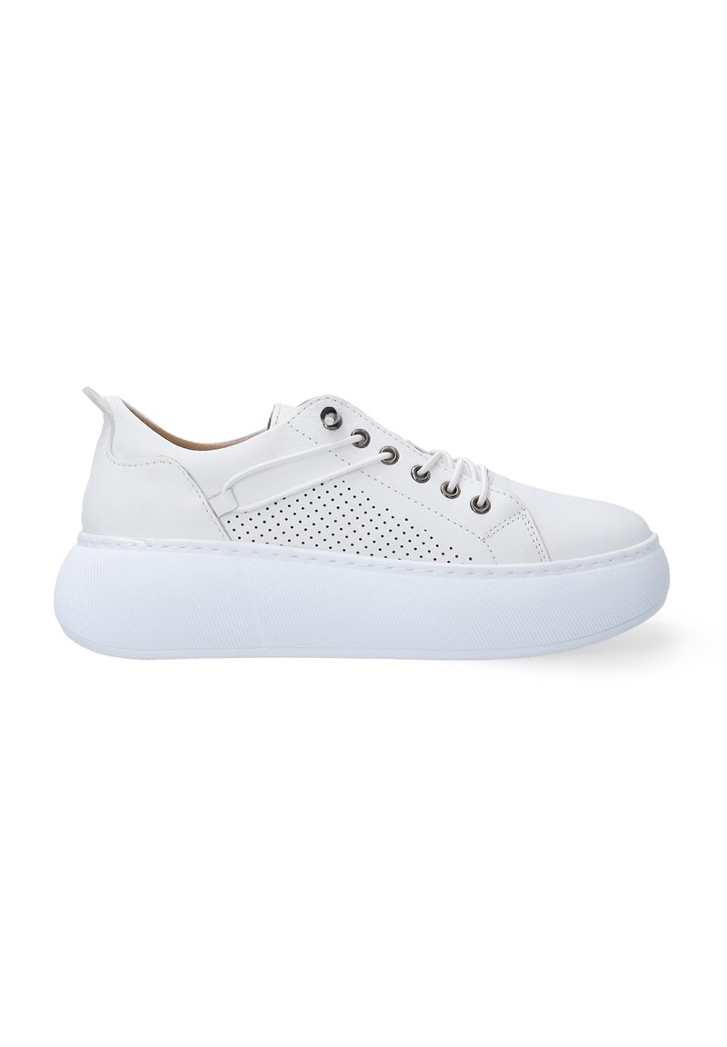 Weiße Plateau-Sneaker mit einem Obermaterial aus glattem Leder, gelochten seitlichen Details, abgerundeter Zehenpartie und flacher Gummisohle.