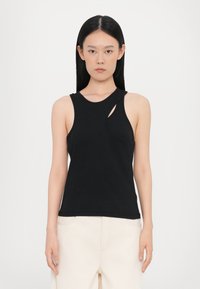 Black sleeveless top with a round neckline and asymmetric cutout detail on the left side, made from a soft fabric.