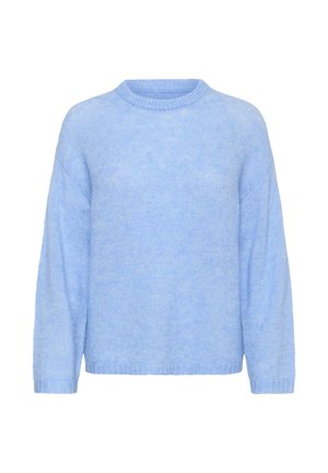 Light blue knitted sweater with long sleeves and a round neckline, displayed on a plain white background.