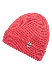 Knit beanie in bright coral, featuring a ribbed texture and a folded cuff. Includes a small branded label on the side.