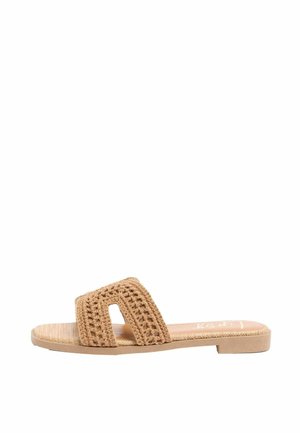 Beige flat slide sandal with woven strap and cushioned footbed, minimalist casual design for easy slip-on wear.