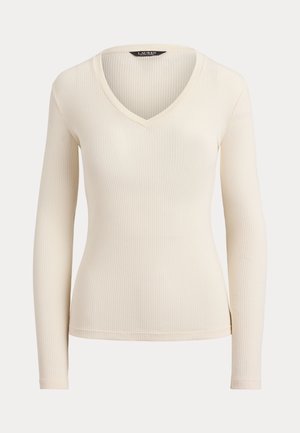 Lauren Ralph Lauren Petite, RIB-KNIT LONG-SLEEVE V-NECK TOP - Μπλούζα με μακριά μανίκια - mascarpone cream