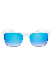 Occhiali da sole in plastica bianca con lenti blu sfumate, forma rettangolare, aste sottili e senza modelli o accenti visibili.