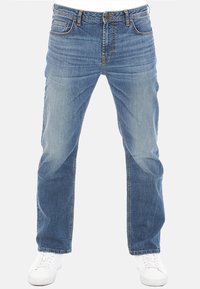 Jeans in denim azzurro chiaro con design a gamba dritta. Presentano sfumature sottili, stile a cinque tasche e cuciture a contrasto. Abbinate a scarpe bianche.