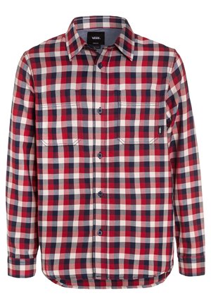 Koszula na długi rękaw zapinana na guziki, z czerwono-biało-granatowym wzorem w kratę, dwie kieszenie na piersi oraz etykieta marki Vans na kieszeni.