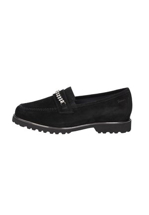 Black suede loafers with a low profile, rubber sole, and metal accent detailing on the upper. Features stitched design and textured finish.