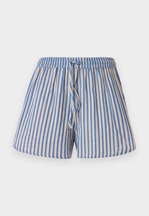 Prúhované šortky v béžovej a modrej farbe, so elastickým pásom a nastaviteľnou šnúrkou, vyrobené z ľahkej tkaniny.